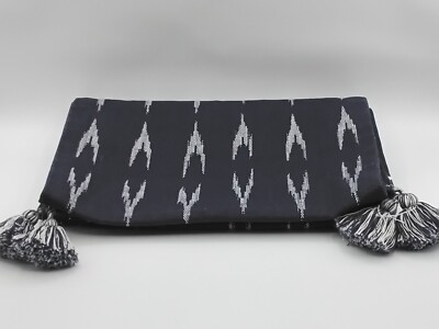 Pier 1 Imports Blue & White Ikat? Pattern Canvas Table Runner with Tassels-image