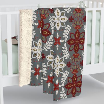 Gray and Red Nordic Pattern, Cozy Sherpa Fleece Blanket, Throw Blanket Gift-image