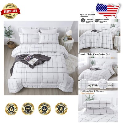 Geometric White Comforter Set - Machine Washable Queen Bedding, 3 Pieces-image