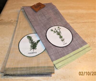 DII set 2 kitchen towels; rosemary, thyme; cotton NWT 18x28 tan gray green white-image