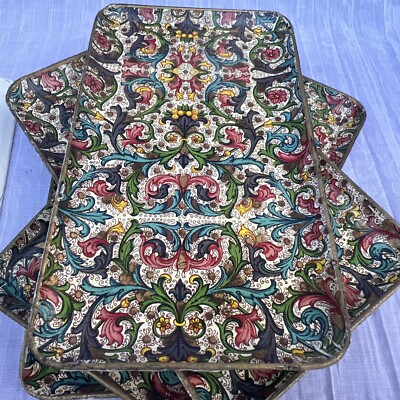 Vintage Paper Mache Trinket Trays Floral Mosaic Scroll Design- Set Of 7-image