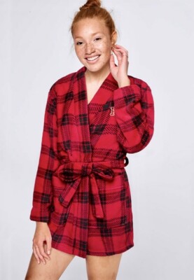 NWT Victoria’s Secret Ltd Ed PINK Cozy Sherpa Robe Red/Black Plaid Tie Waist M/L-image
