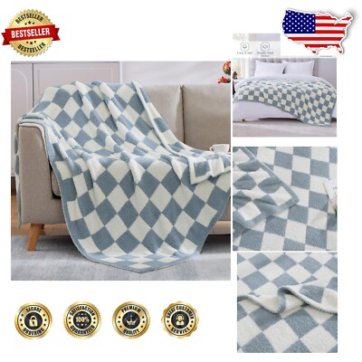 Exquisite Grey Blue Checkered Throw Blanket - Cozy, Durable, 60