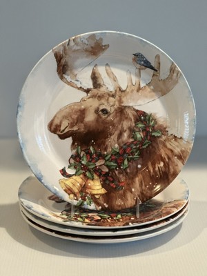 (4) Pier 1 ~ Rocky Moose Salad Plates Whimsical Christmas EXC. COND.-image