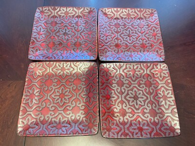 Pier 1 Imports CLARA, Set of 4 Square Earthenware Salad Plates 8.5” Red Gray-image