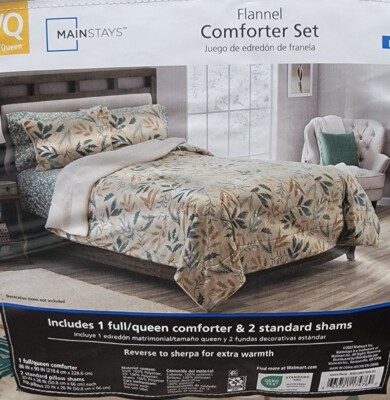 Mainstays FULL/QUEEN Reverse to Sherpa Flannel 3 Comforter Set • Tan fall Leaves-image