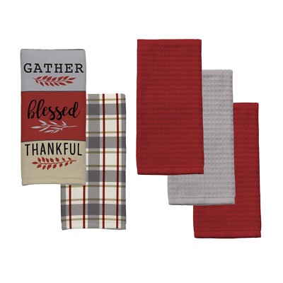 MAINSTAYS 5-Pack Kitchen Towel Set, 100% Cotton - GATHER-BLESSED-THANKFUL-image