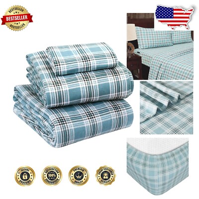 Luxurious 100% Cotton Flannel Twin XL Sheet Set - Green Plaid for Cozy Comfort-image