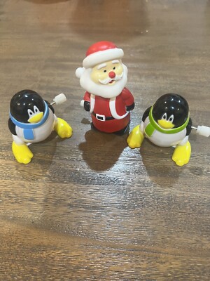 Vintage Lot Of 3 Christmas Holiday Wind Up Toys Santa Claus Penguins Tested-image
