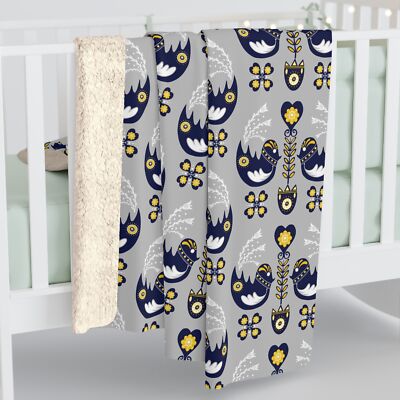 Nordic Bird Folk Art Pattern, Cozy Sherpa Fleece Blanket, Scandinavian Throw-image