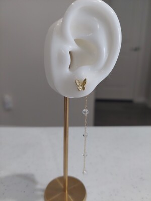 NEW Korean Design Import Butterfly Beads Gold Toned Long Back Dangle Earrings-image