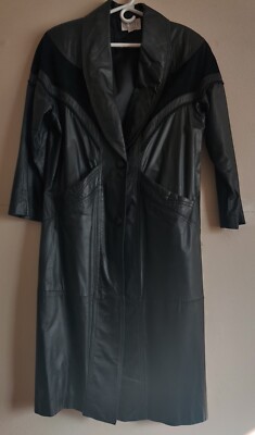 Petite Sophisticate Black Leather Long Trench Coat Vintage Made in Korea PS-image