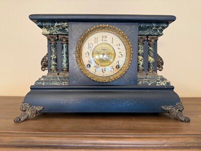 Antique E Ingraham Co Bristol CT USA Mantle Clock Key Wind Weight Complete-image