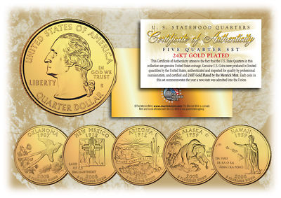2008 US Statehood Quarters 24K GOLD PLATED ** 5-Coin Complete Set ** w/Capsules-image