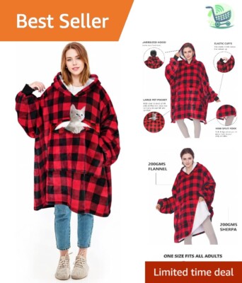 Oversized Sherpa Wearable Blanket Hoodie with Pet Pocket - Cozy Red Plaid-image