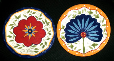 Floral Salad Plates  Lot Of 2 Pier 1 Imports Hand Painted Earthenware OF5-image