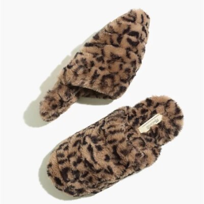 Madewell Faux Fur Quilted Cozy Scuff Slippers in Leopard women's sz 7-image