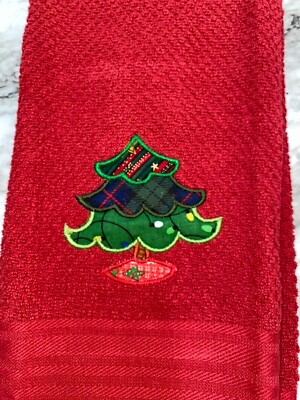 Embroidered Appliqued Red Kitchen Hand Towel Winter Christmas Tree Mixed Fabrics-image