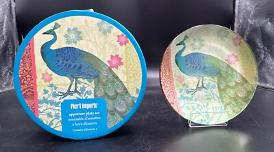 Set 4 Pier 1 Imports Peacock Design Silver Foil Backing 6” Appetizer Plates~ New-image