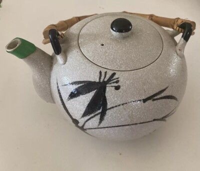 Amthor Imports Sand Colored Textured Teapot w/ Reed Handle & Bamboo Design Japan-image