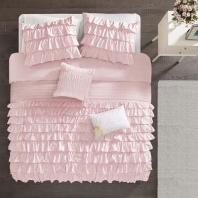 BEAUTIFUL MODERN COZY ULTRA SOFT PINK WHITE RUFFLE GIRL COMFORTER SET FULL QUEEN-image