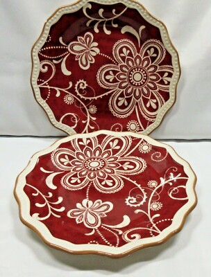 Pier 1 Imports Maribeth Salad Plates x2 White Floral Embossed Dots on Red-image