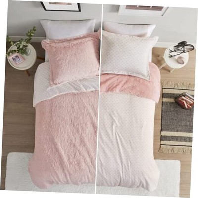  Shaggy Faux Fur Cozy Reversible Comforter Set Petal Print Full/Queen Blush-image