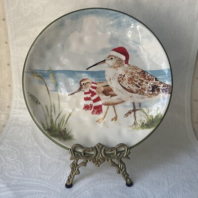 Pier 1 Christmas Beach Sandpipers Birds Plate, Hat Scarf, Dolomite-image
