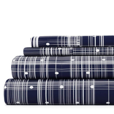 Becky Cameron 4-Piece Navy Geometric Microfiber California King Sheet Set-image