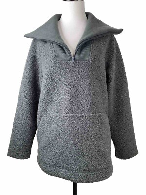 LANDS END Women Cozy Boucle Fleece Pullover Gray Drop Shoulder Kangaroo Pocket L-image