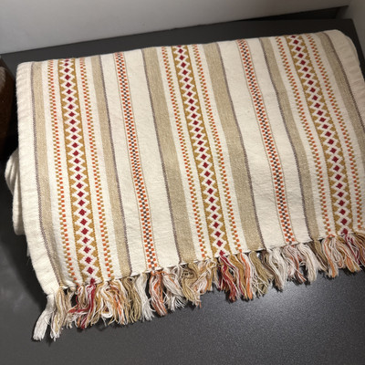 Pier 1 Imports  Woven Embroidered Table Runner Fringe  13x68 Striped Red Orange-image