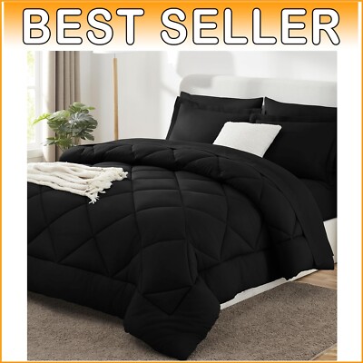 Cozy All-Season Black Twin Comforter Set - 5-Piece with Deep Pocket Sheets-image