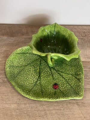 PIER 1 IMPORTS LADYBUG EARTHENWARE EMBOSSED LEAF PLATE & Bowl Set Of 2-image