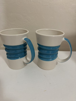 Pier 1 Blue & White Accordion Ribbed Design Stoneware Mug Coffee Tea Set 2-image