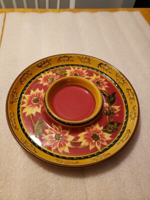 pier 1 Chip & Dip Plate Hand painted terracotta sunflower Design Matching Bowl -image