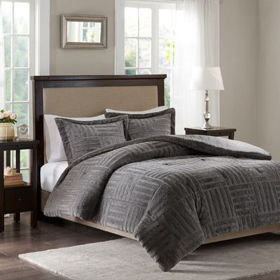 ULTRA SOFT PLUSH LUXURY WARM COZY MODERN FUR CHARCOAL GREY STRIPE COMFORTER SET-image