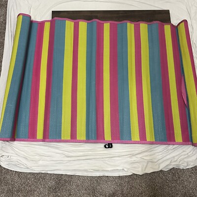 Beach Mat Pool Sunbathing Red White Yellow Blue Striped Roll up Carrying Strap-image