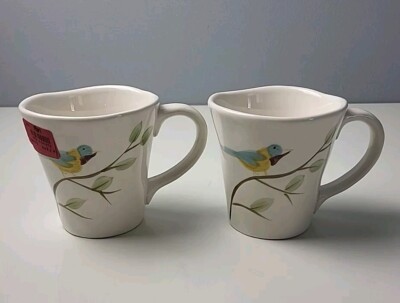 NWT Pier 1 Imports Coffee Mug 16 Oz Cups Robin Spring Handpainted Lot Of 2-image