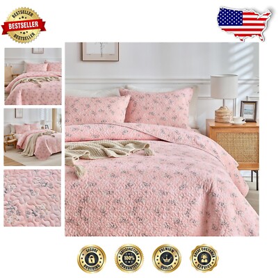Vibrant 3-Piece King Size Comforter Set - Floral Pink & Green Quilted Bedding-image
