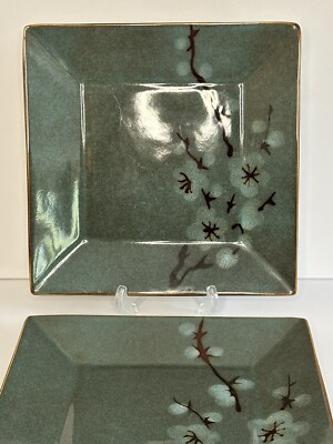 Set of 2 Pier 1 Tranquil Large Square Dinner Plates Cherry Blossoms on Teal-image