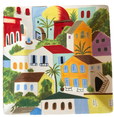 Pier1 Villa Del Sol Dinner Plate Houses 10.25” Square Very Colorful!  2008-2010-image