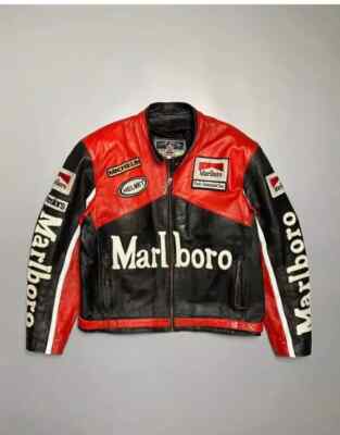 Marlboro Vintage Racing Jacket Red & black Edition Cowhide Leather Biker Jacket-image