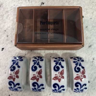 Pier 1 One Napkin Ring Holders Set 4 Red Butterfly Cobalt Blue Ceramic Pottery-image