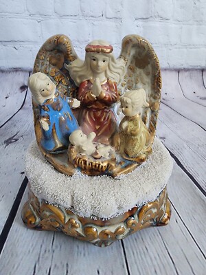 Vintage Christmas Angel Nativity Scene Ceramic Wind Up Musical Figurine -image