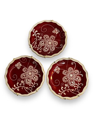 3 Pier 1 Imports Maribeth Salad Plates Burgundy/Cream Ironstone & Wall Hangers-image
