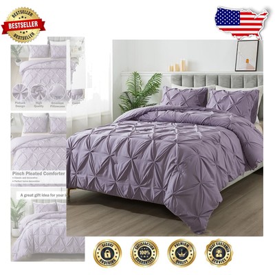 Pinch Pleat Twin Comforter Set - Grayish Purple Pintuck Bedding for All Seasons-image