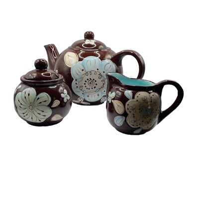 PIER 1  “Cassidy” Hand Painted Tea Service No Chips or Cracks, Retro Design-image