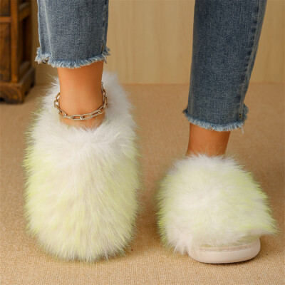 Cozy Faux Fur Slippers for Women Gradient Color Non-Slip Indoor House Shoes-image