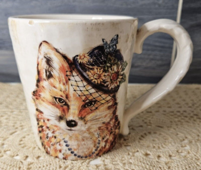 Pier 1 Imports Exclusive Fox w/ Hat & Necklace Ironstone Coffee Mug 14 oz (read)-image