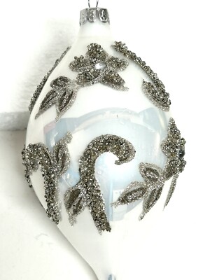RAZ IMPORTS SILVER ENCRUSTED BEADED DESIGN ON WHITE GLASS 6' CHRISTMAS ORNAMENT-image